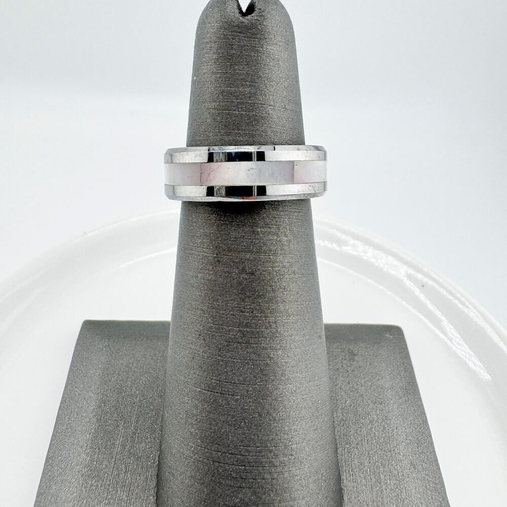 Vintage Tungsten & Mother of Pearl Inlay Band Ring Timeless Elegance Modern